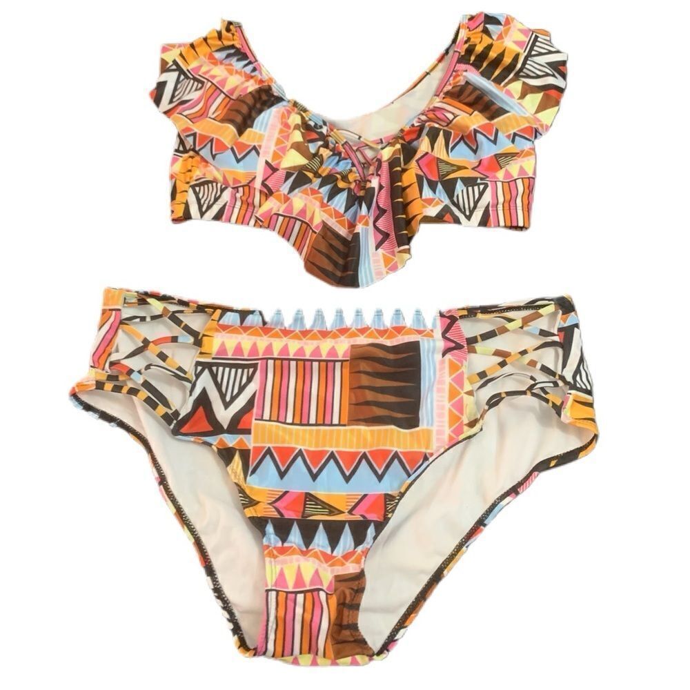 Ladies cold shoulder ruffled detail 2 Piece bathing suit